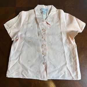Embroidered Rose Button Front Blouse 100% Linen Peach Short Sleeve Top M